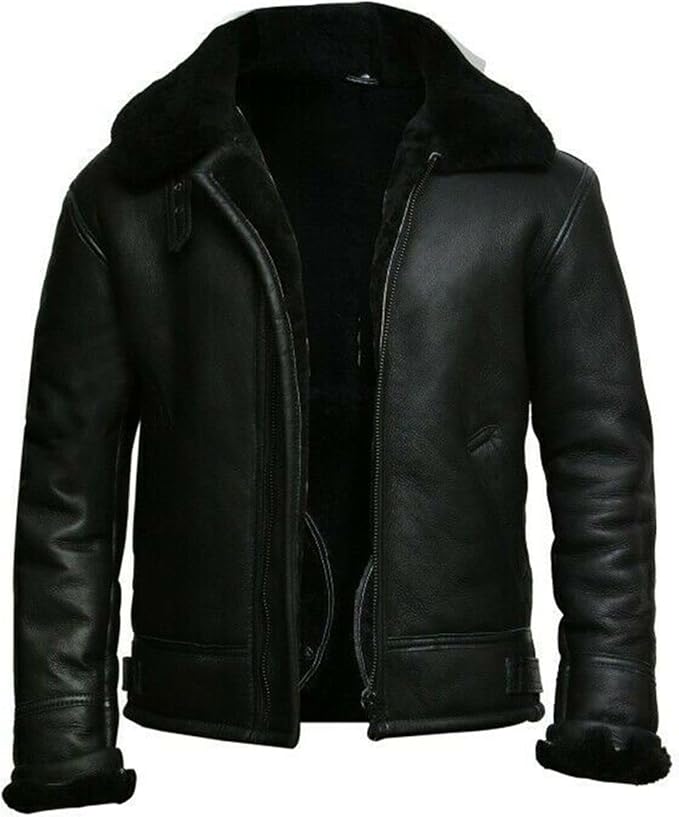 Men's RAF B3 Aviator Sheepskin Leather Jacket with Fur Collar & Adjustable Waist Belt – Mens Bomber Jacket