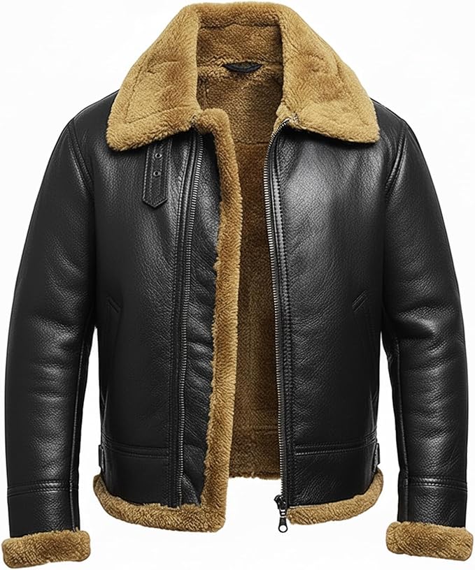Men's RAF B3 Aviator Sheepskin Leather Jacket with Fur Collar & Adjustable Waist Belt – Mens Bomber Jacket