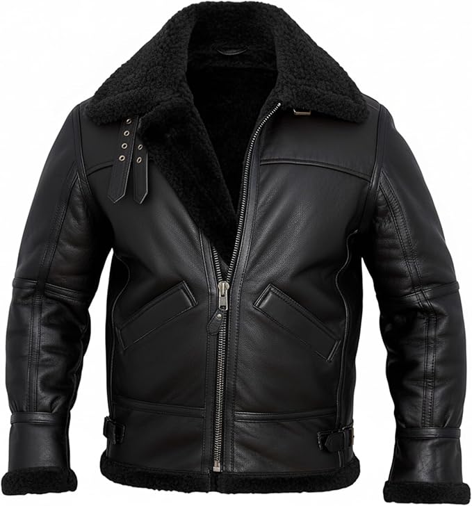 Men's RAF B3 Aviator Sheepskin Leather Jacket with Fur Collar & Adjustable Waist Belt – Mens Bomber Jacket