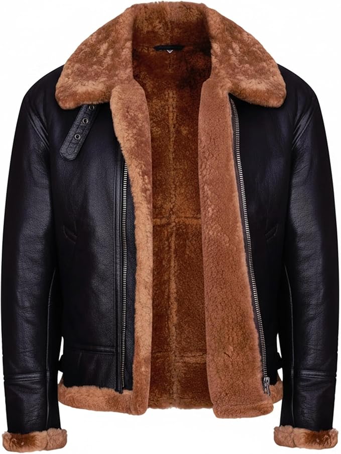 Men's RAF B3 Aviator Sheepskin Leather Jacket with Fur Collar & Adjustable Waist Belt – Mens Bomber Jacket