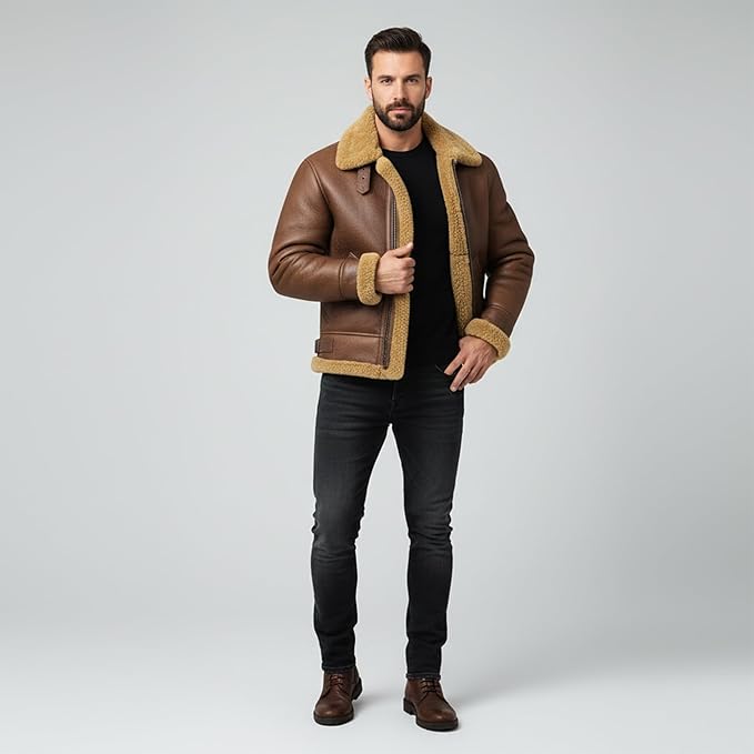 Men's RAF B3 Aviator Sheepskin Leather Jacket with Fur Collar & Adjustable Waist Belt – Mens Bomber Jacket