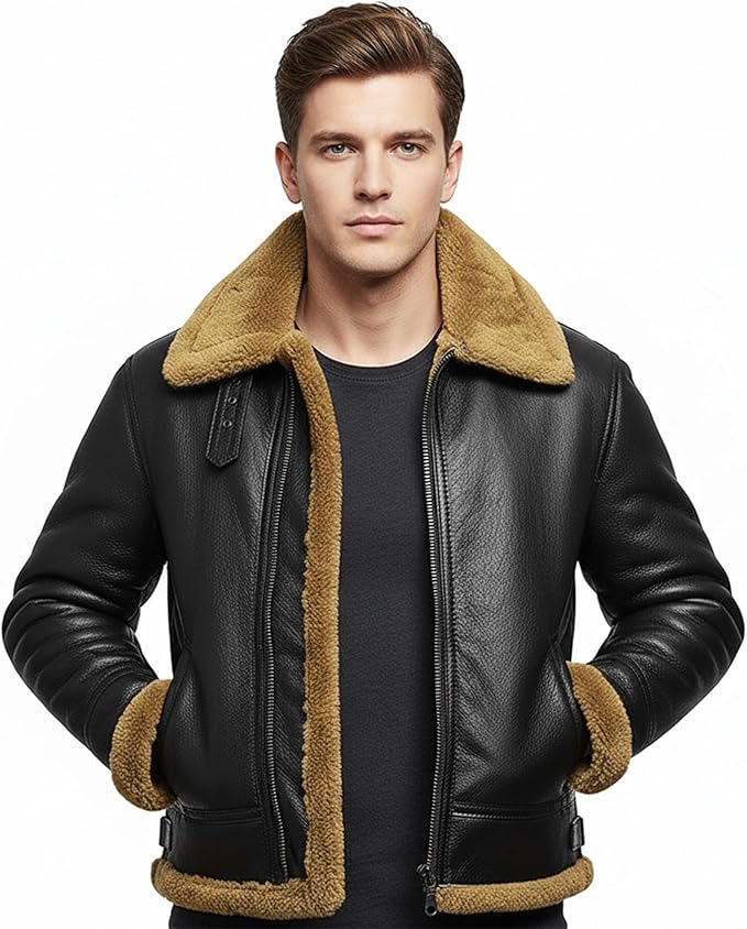 Men's RAF B3 Aviator Sheepskin Leather Jacket with Fur Collar & Adjustable Waist Belt – Mens Bomber Jacket