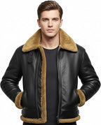 Men's RAF B3 Aviator Sheepskin Leather Jacket with Fur Collar & Adjustable Waist Belt – Mens Bomber Jacket