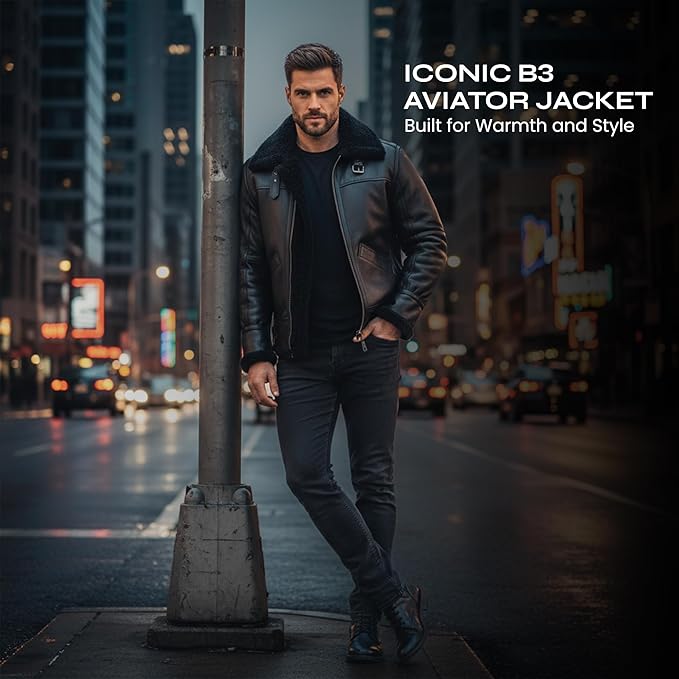 Men's RAF B3 Aviator Sheepskin Leather Jacket with Fur Collar & Adjustable Waist Belt – Mens Bomber Jacket