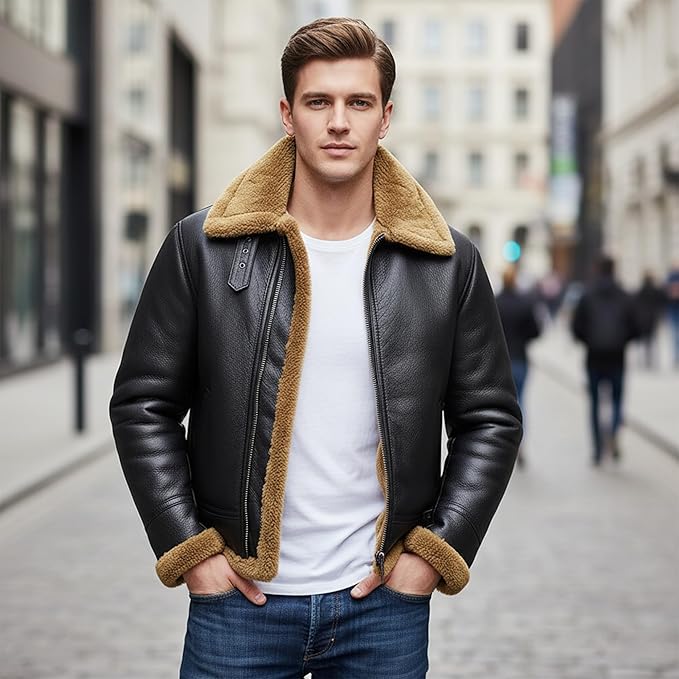 Men's RAF B3 Aviator Sheepskin Leather Jacket with Fur Collar & Adjustable Waist Belt – Mens Bomber Jacket