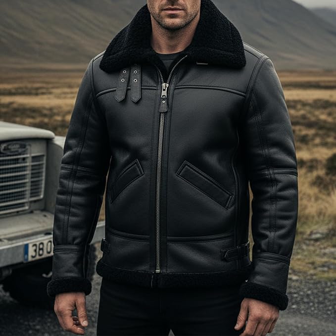 Men's RAF B3 Aviator Sheepskin Leather Jacket with Fur Collar & Adjustable Waist Belt – Mens Bomber Jacket