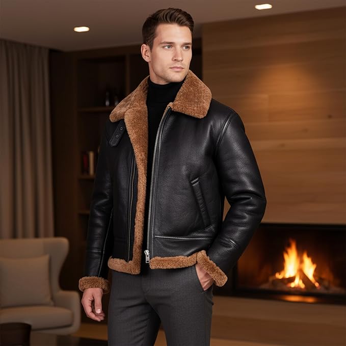 Men's RAF B3 Aviator Sheepskin Leather Jacket with Fur Collar & Adjustable Waist Belt – Mens Bomber Jacket
