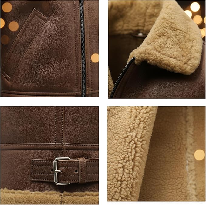 Men's RAF B3 Aviator Sheepskin Leather Jacket with Fur Collar & Adjustable Waist Belt – Mens Bomber Jacket