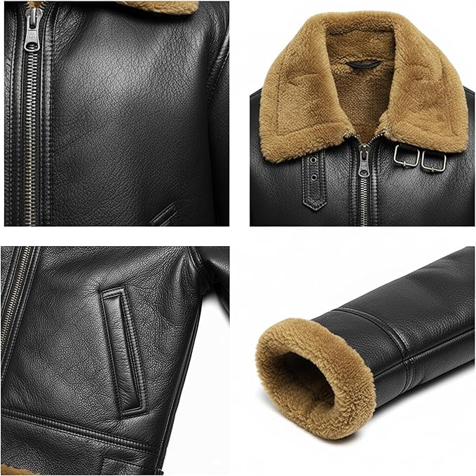 Men's RAF B3 Aviator Sheepskin Leather Jacket with Fur Collar & Adjustable Waist Belt – Mens Bomber Jacket