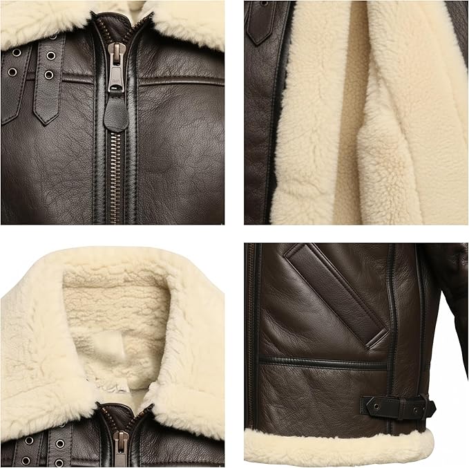 Men's RAF B3 Aviator Sheepskin Leather Jacket with Fur Collar & Adjustable Waist Belt – Mens Bomber Jacket