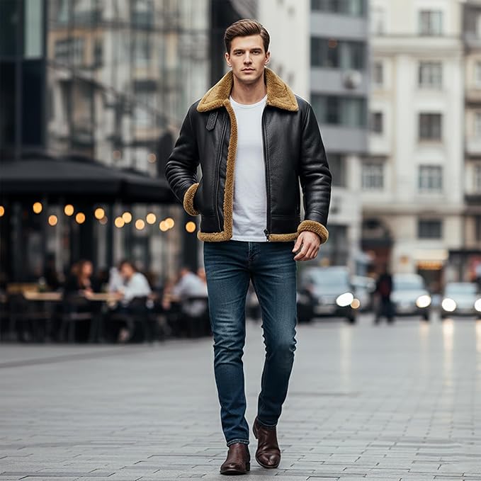Men's RAF B3 Aviator Sheepskin Leather Jacket with Fur Collar & Adjustable Waist Belt – Mens Bomber Jacket