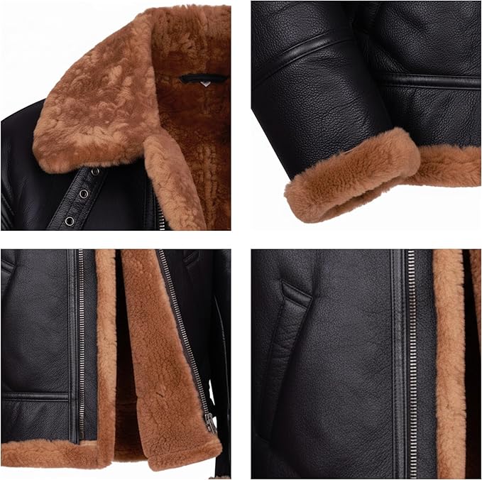 Men's RAF B3 Aviator Sheepskin Leather Jacket with Fur Collar & Adjustable Waist Belt – Mens Bomber Jacket