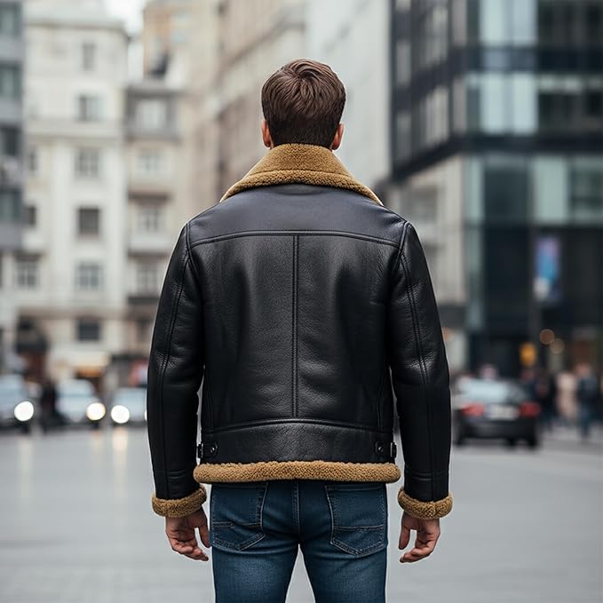 Men's RAF B3 Aviator Sheepskin Leather Jacket with Fur Collar & Adjustable Waist Belt – Mens Bomber Jacket