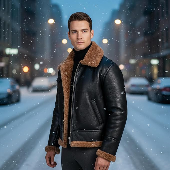 Men's RAF B3 Aviator Sheepskin Leather Jacket with Fur Collar & Adjustable Waist Belt – Mens Bomber Jacket