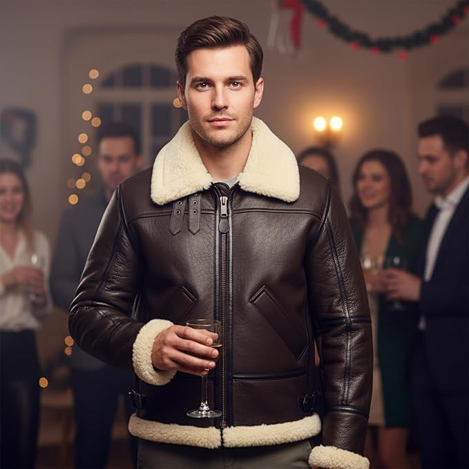 Men's RAF B3 Aviator Sheepskin Leather Jacket with Fur Collar & Adjustable Waist Belt – Mens Bomber Jacket