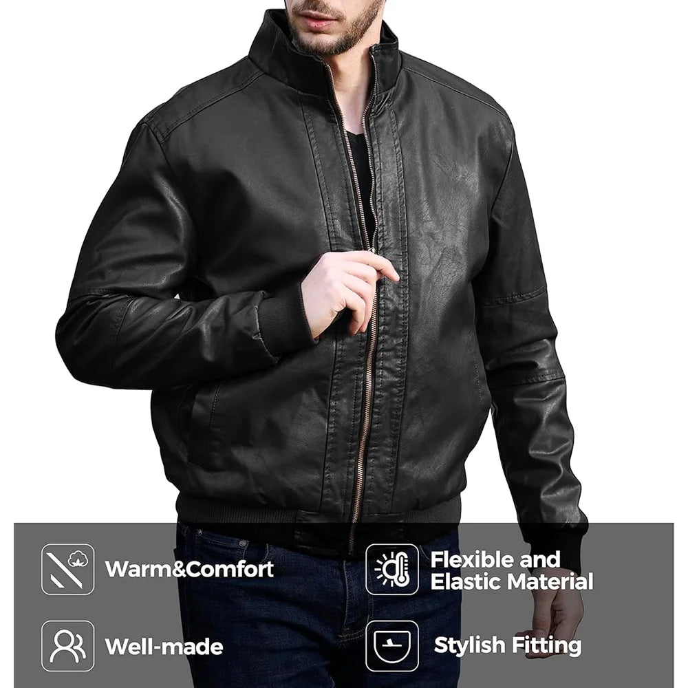 Mens Black Stand Collar Bomber Leather Jacket