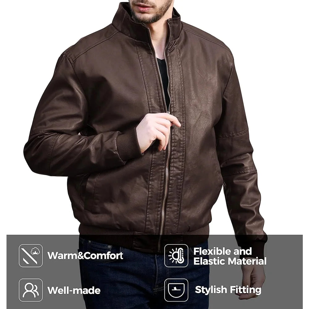 Classic Leather Bomber Jacket with Stand Collar for men