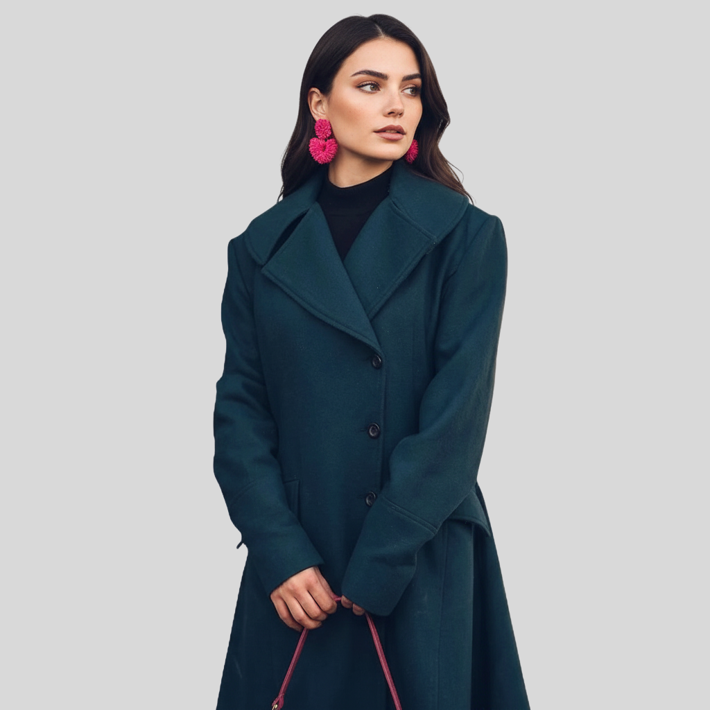 Clarice Women’s Elegant Long Green Wool Overcoat