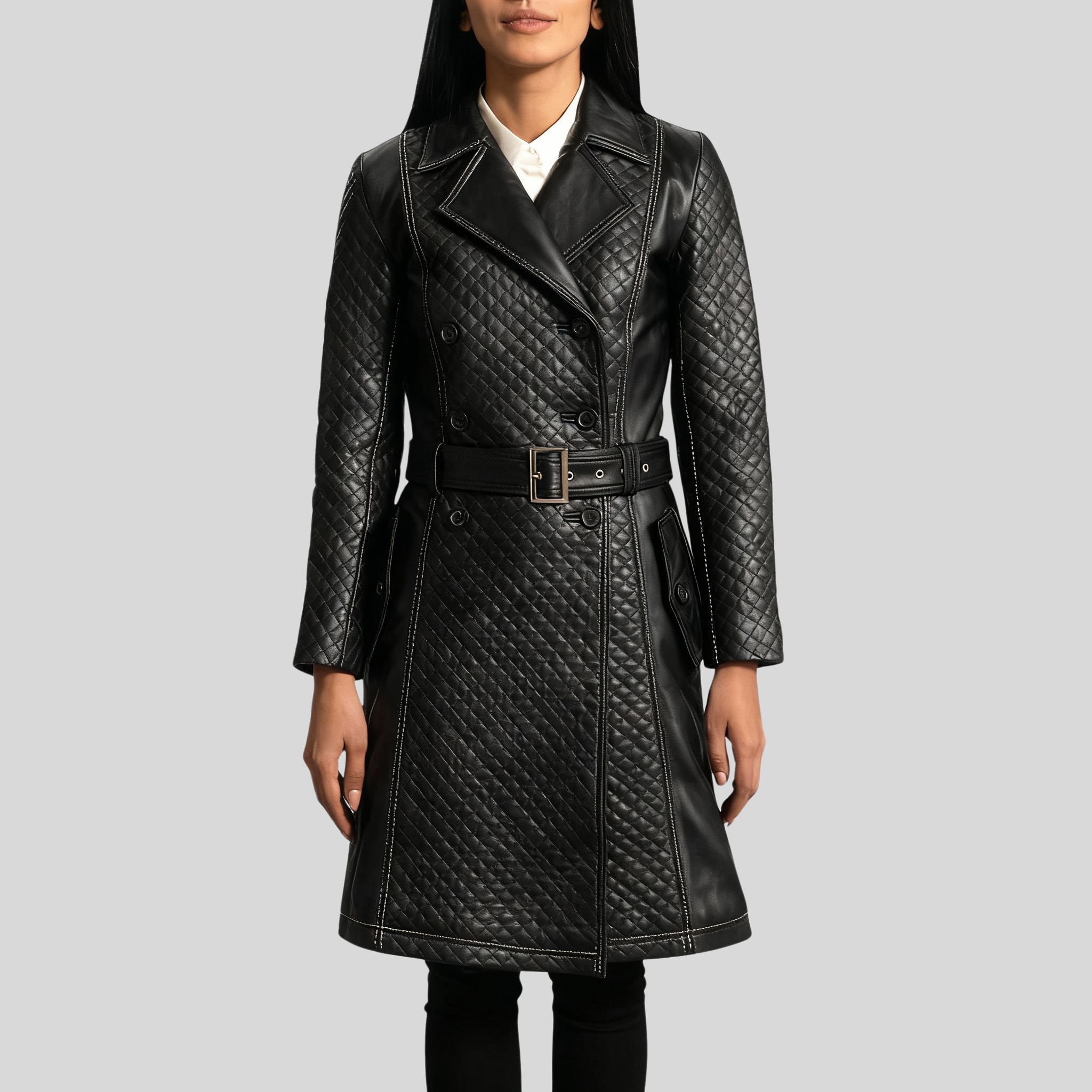 Elegant Black Leather Trench Coat