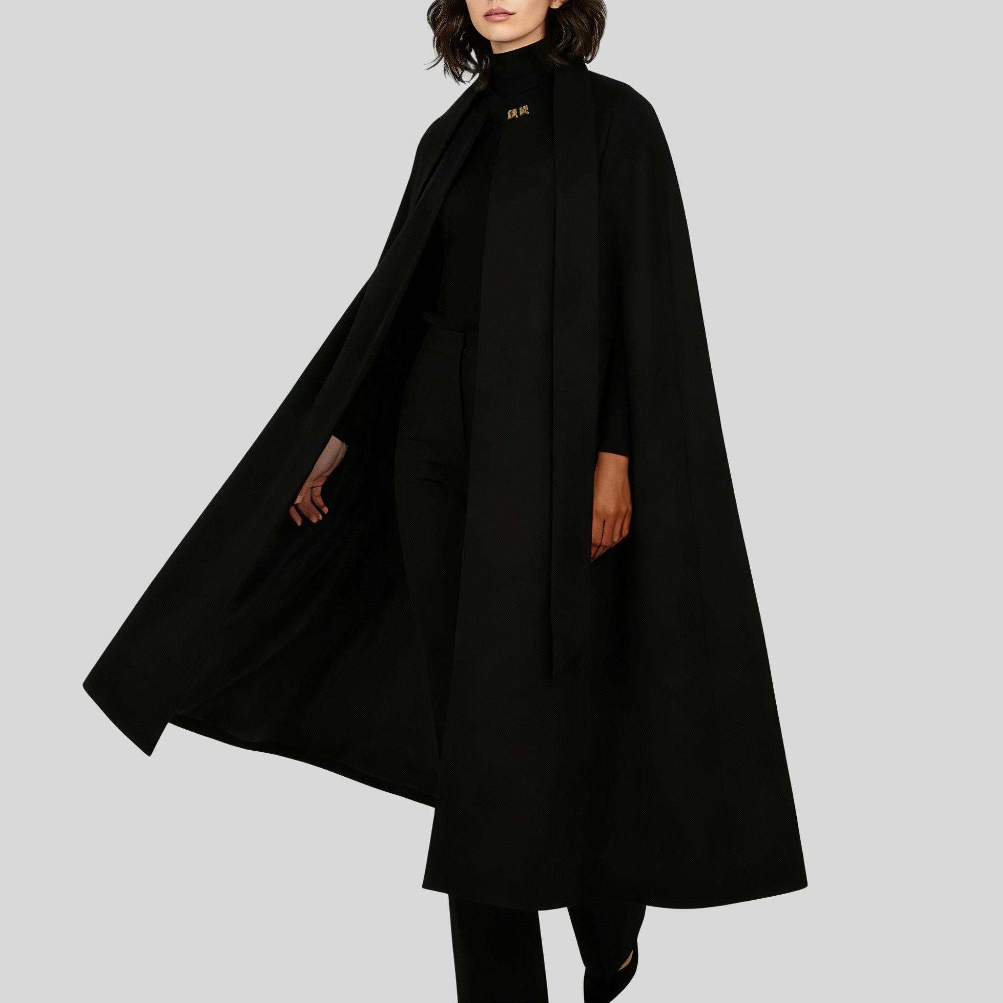 Marie Women’s Elegant Long Black Wool Cape Coat