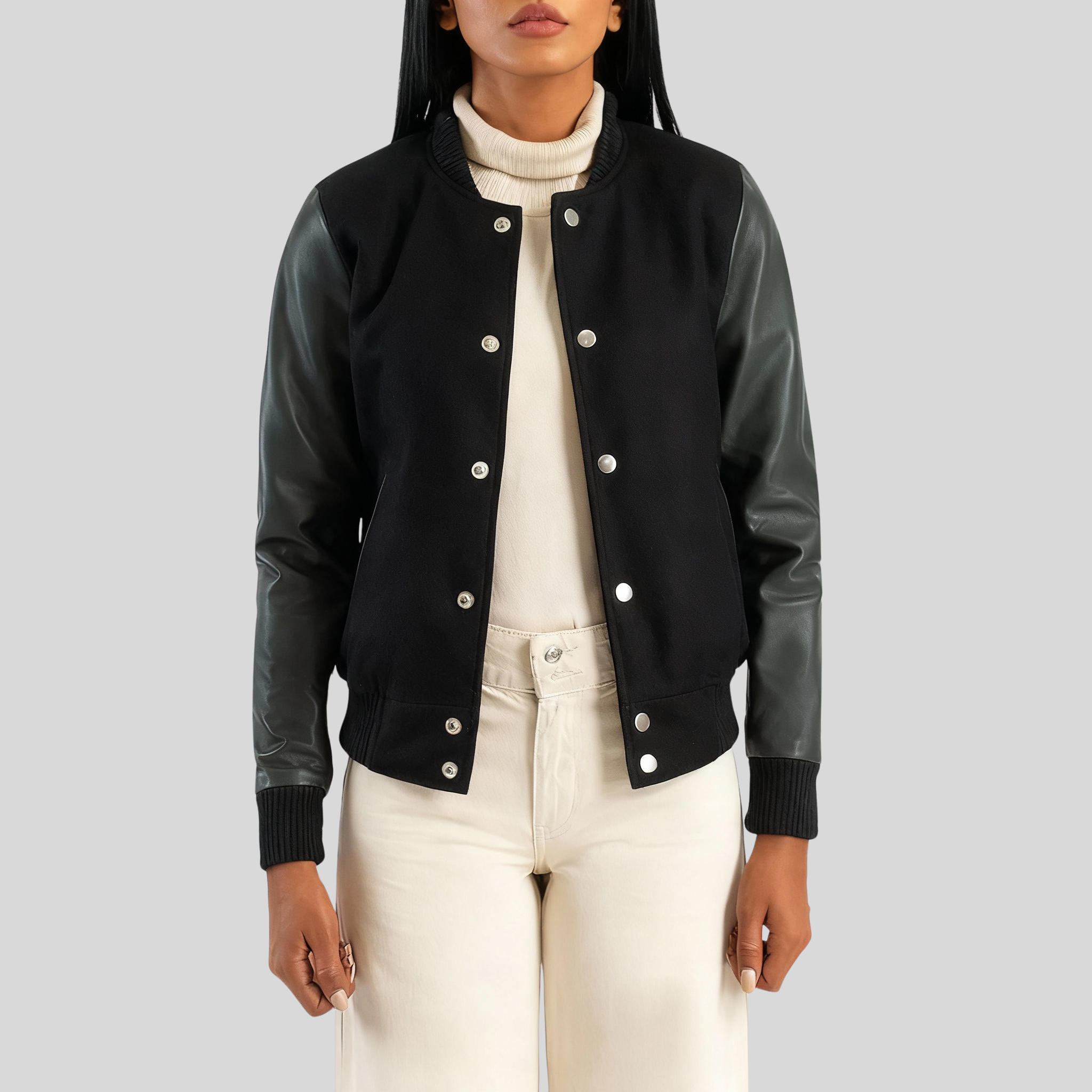 Timeless Women’s Green & White Hybrid Varsity Jacket