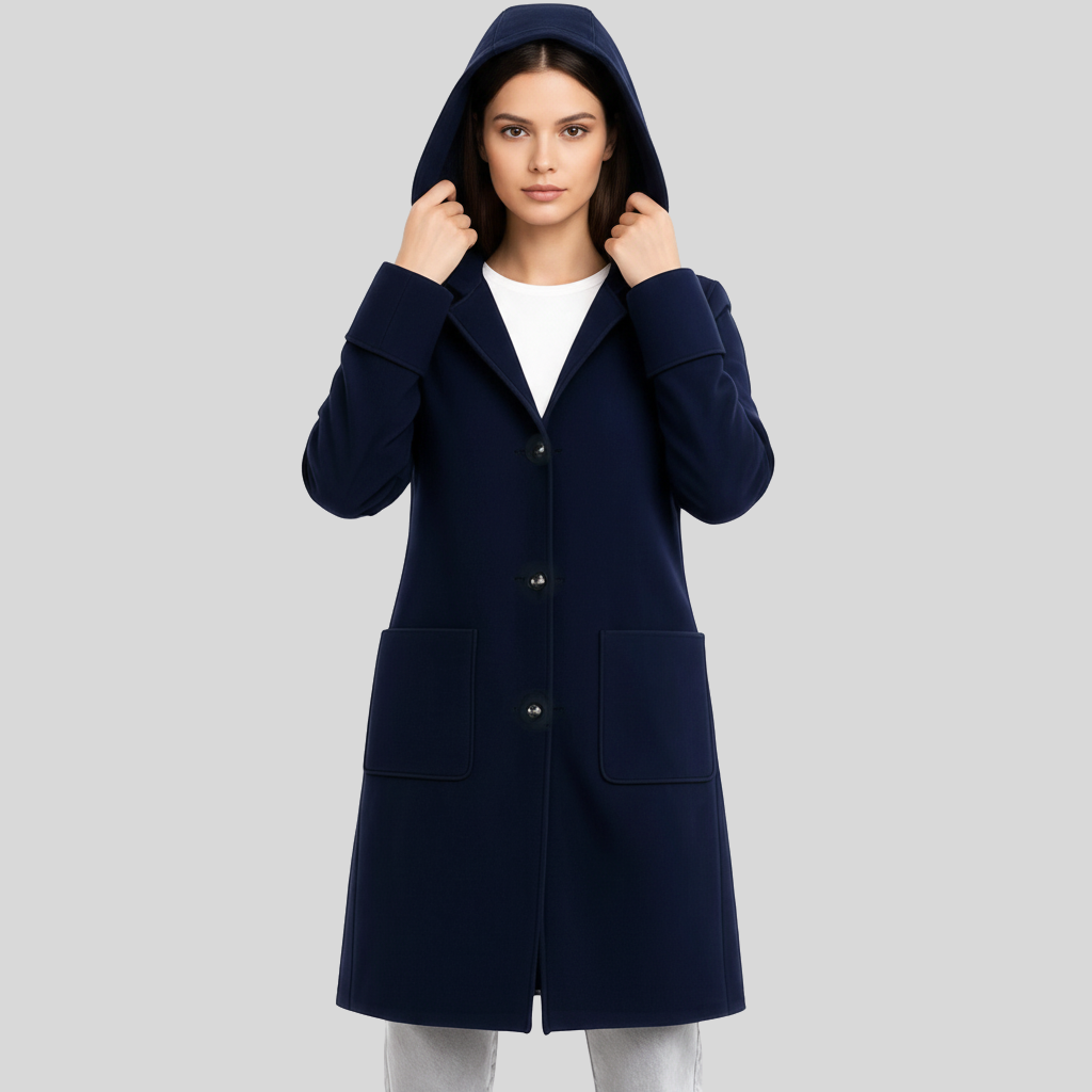 Women’s Elegant Navy Blue Wool Coat with Hood