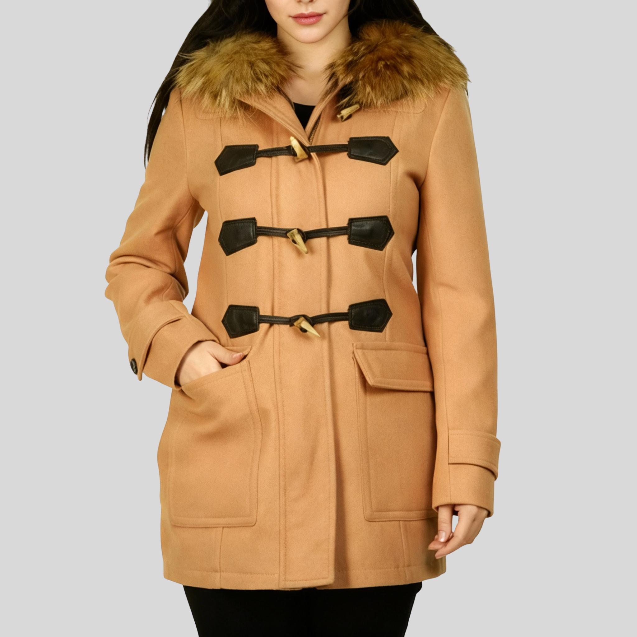 Women’s Elegant Camel Brown Wool Coat with Fur-Trimmed Hood
