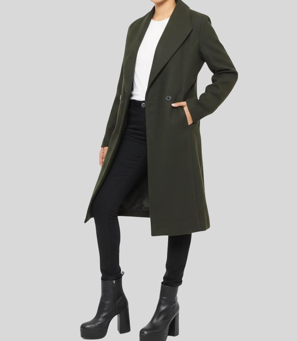 Women’s Elegant Dark Green Knee-Length Wool Coat