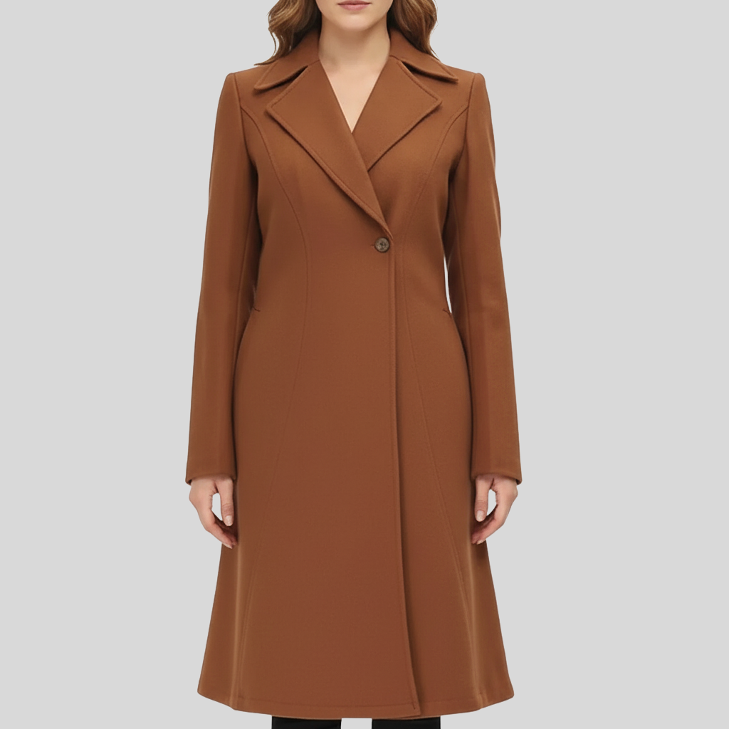 Women’s Elegant Camel Brown Long Double-Breasted Wool Coat