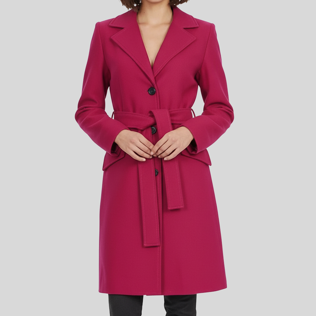 Women’s Elegant Pink Wool Wrap Coat with Notch Lapel
