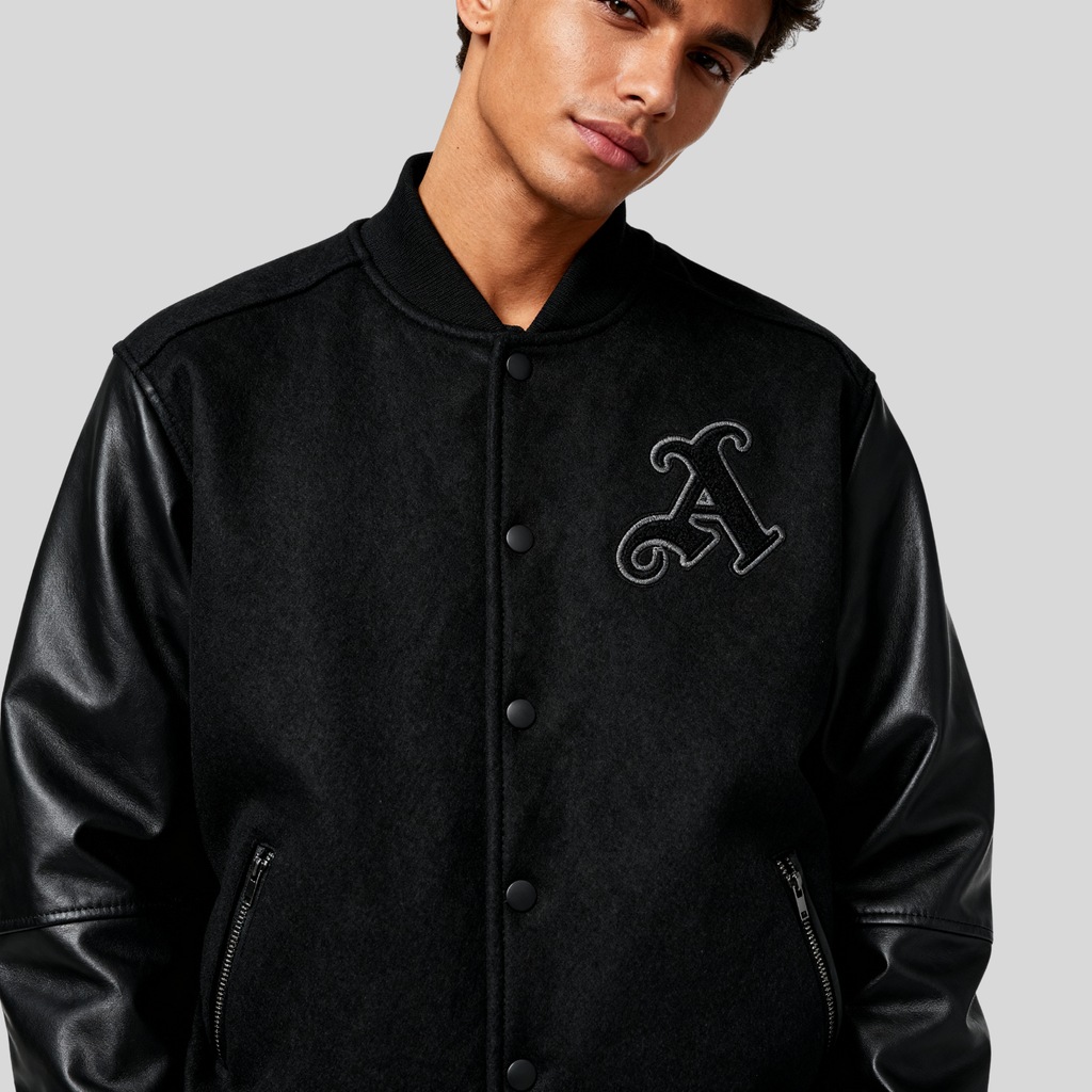 Black Varsity Jacket with Leather Sleeves for men