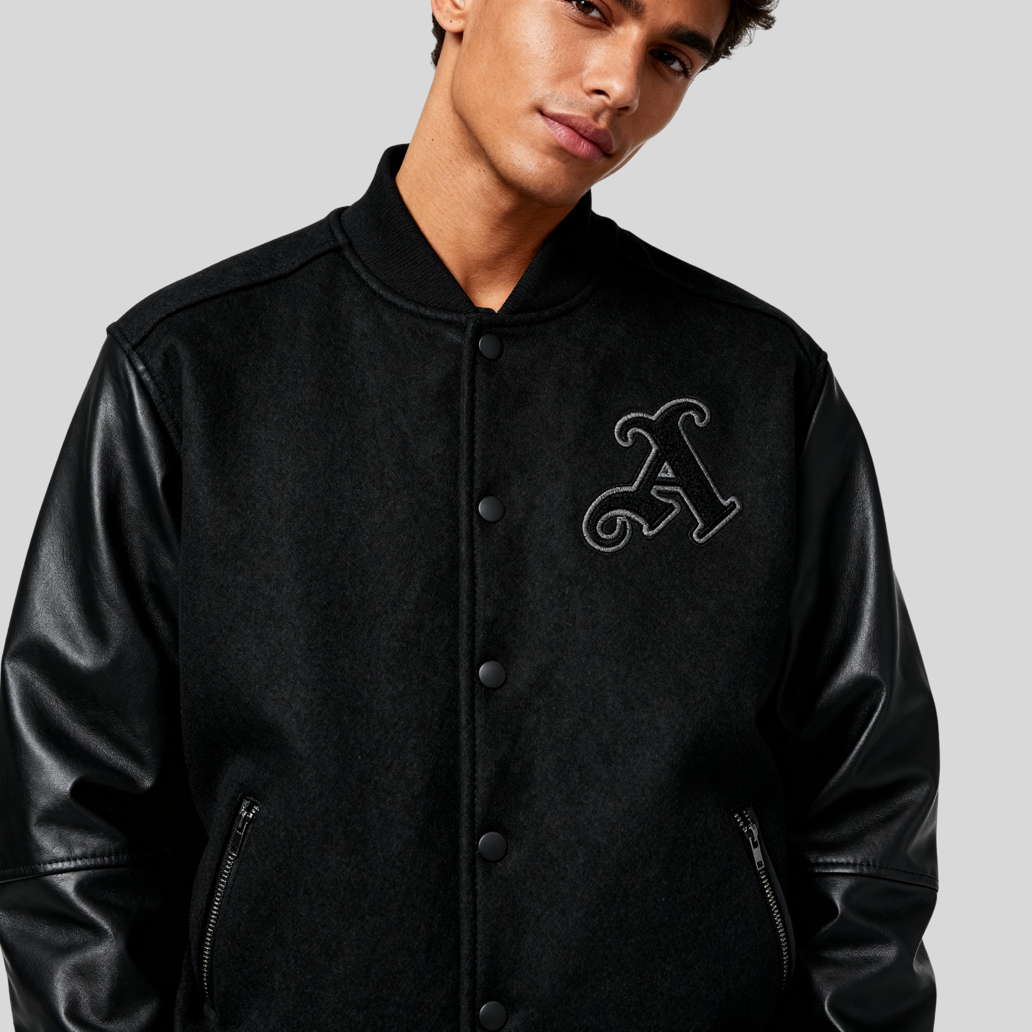 Black Varsity Jacket with Leather Sleeves for men