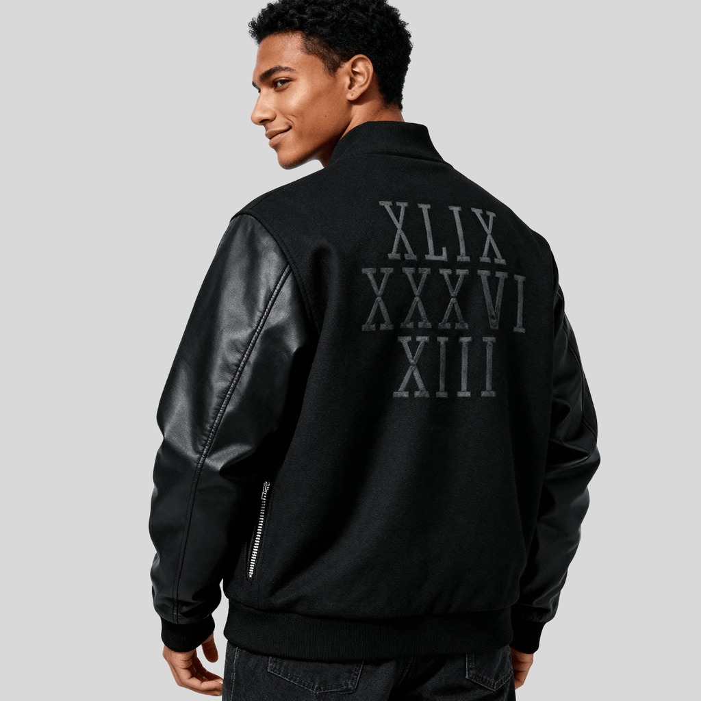 Black Varsity Jacket with Leather Sleeves for men