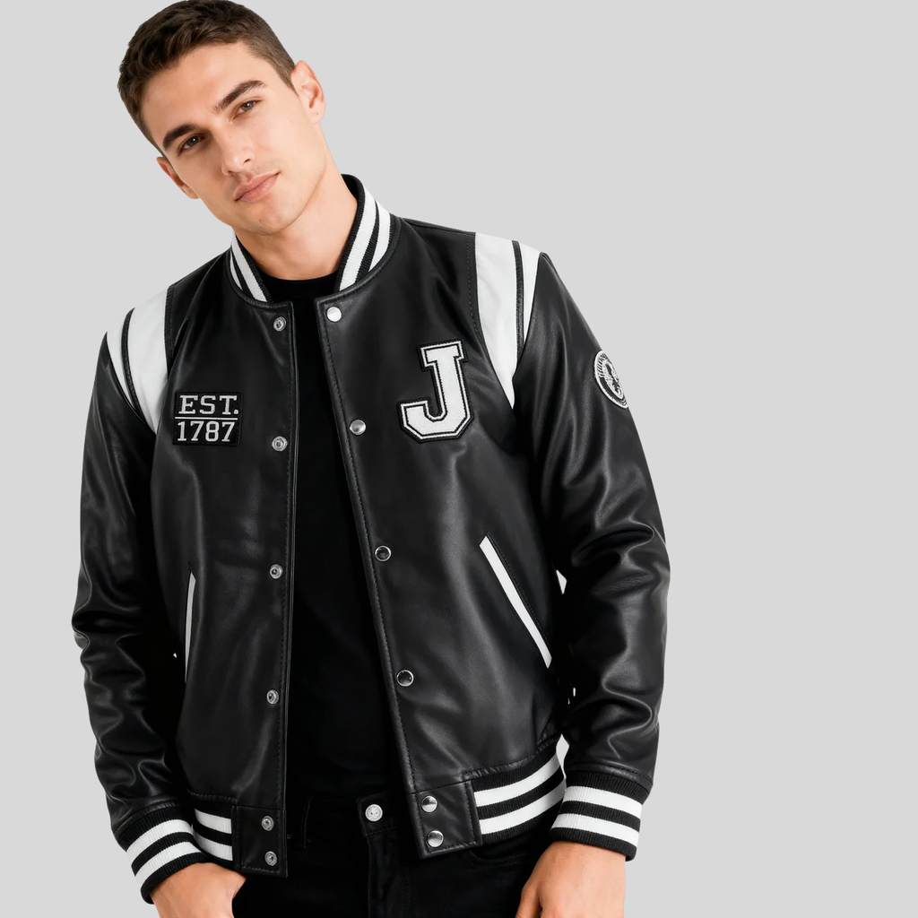 Liberte Black Leather Varsity Jacket – New Jersey Edition for men