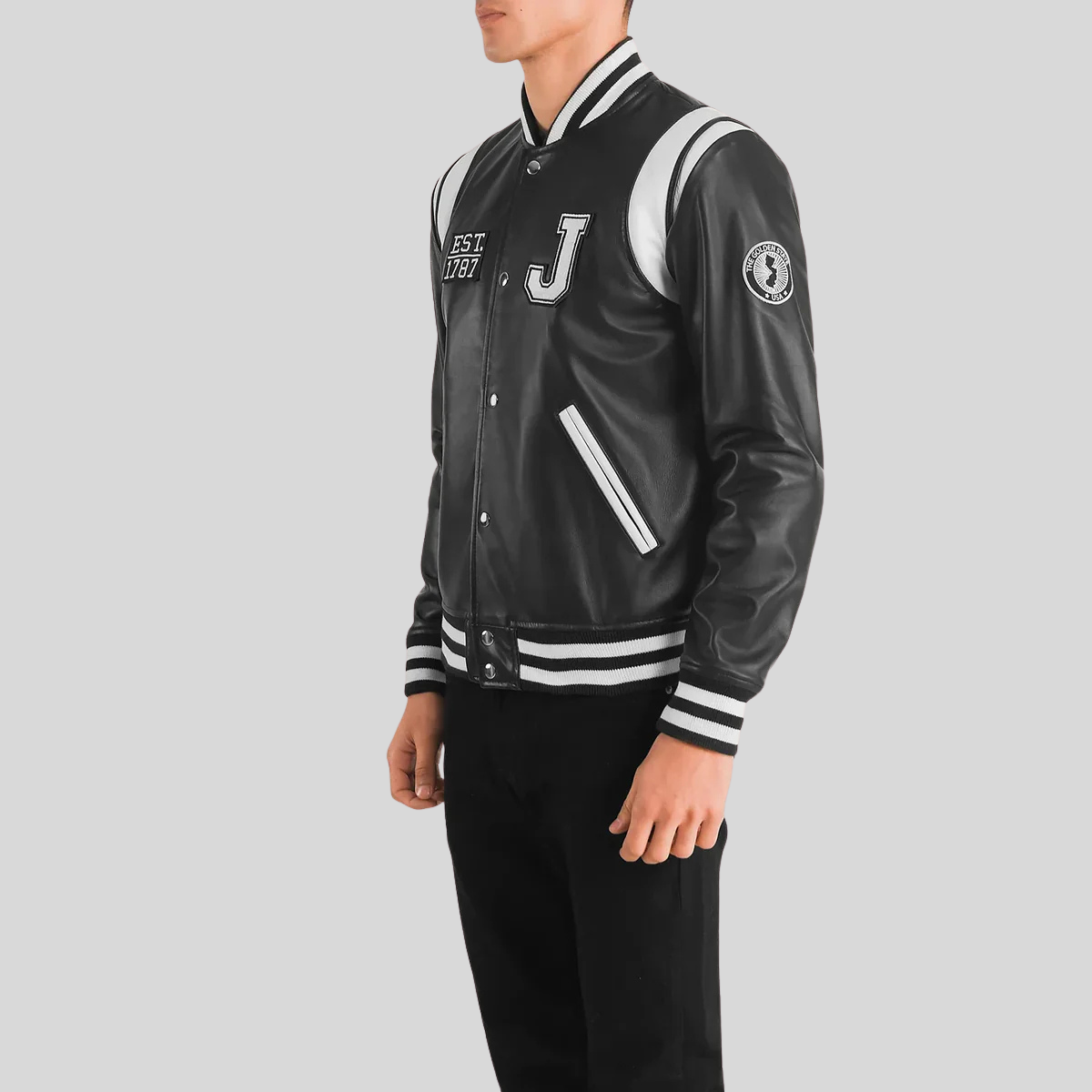 Liberte Black Leather Varsity Jacket – New Jersey Edition for men