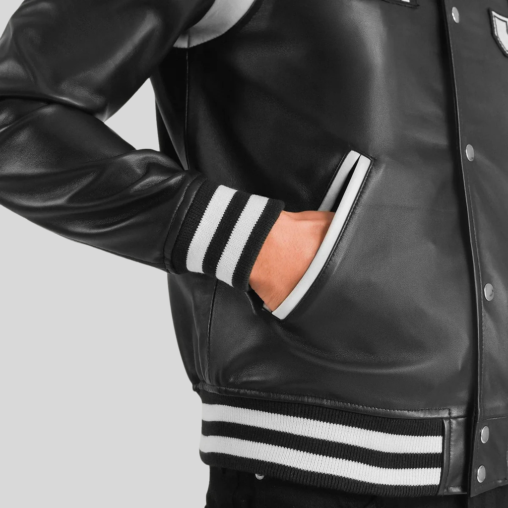 Liberte Black Leather Varsity Jacket – New Jersey Edition for men