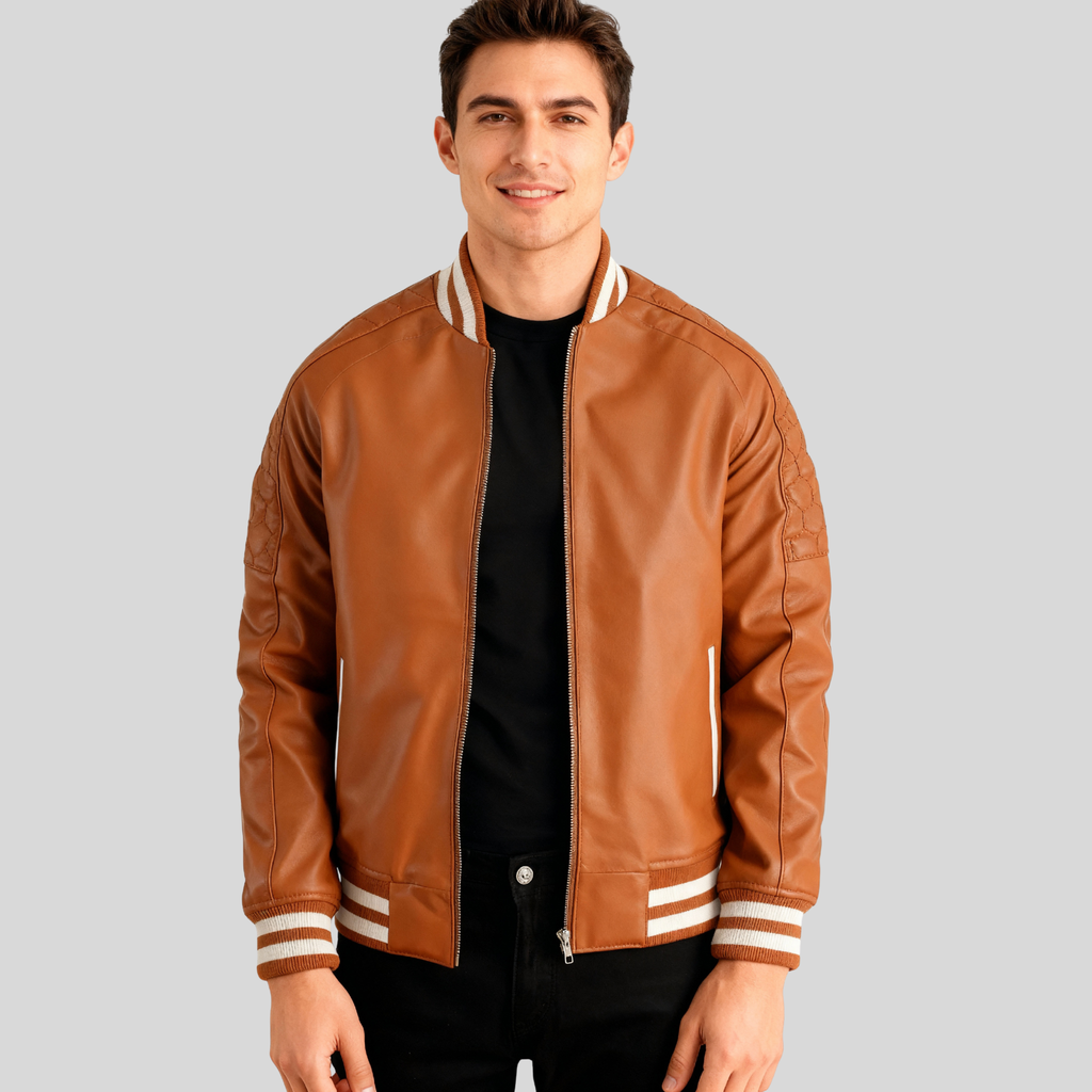 Pascal Tan Brown Leather Varsity Jacket for Men
