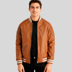 Pascal Tan Brown Leather Varsity Jacket for Men