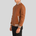 Pascal Tan Brown Leather Varsity Jacket for Men