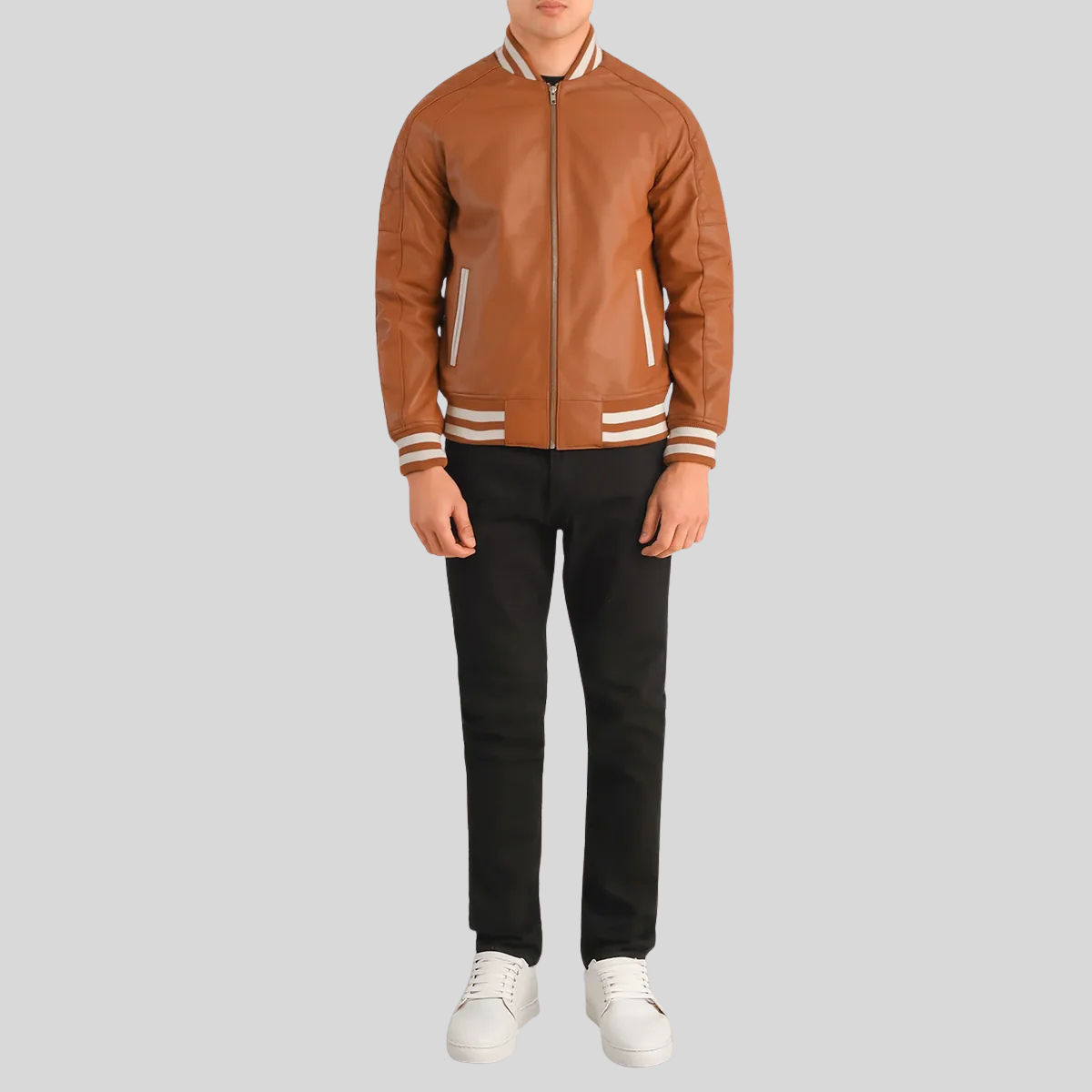 Pascal Tan Brown Leather Varsity Jacket for Men