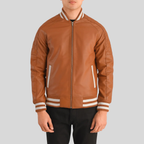 Pascal Tan Brown Leather Varsity Jacket for Men