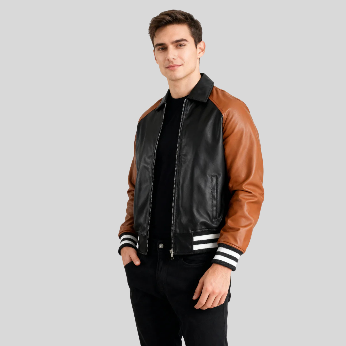 Walton Black & Brown Leather Varsity Jacket – Men’s Hybrid Style for men