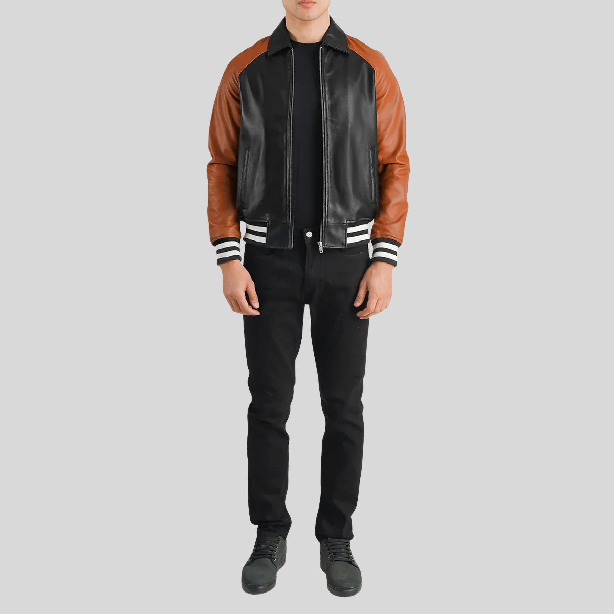 Walton Black & Brown Leather Varsity Jacket – Men’s Hybrid Style for men