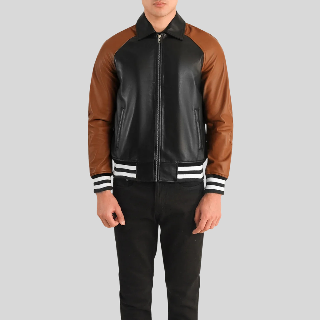 Walton Black & Brown Leather Varsity Jacket – Men’s Hybrid Style for men