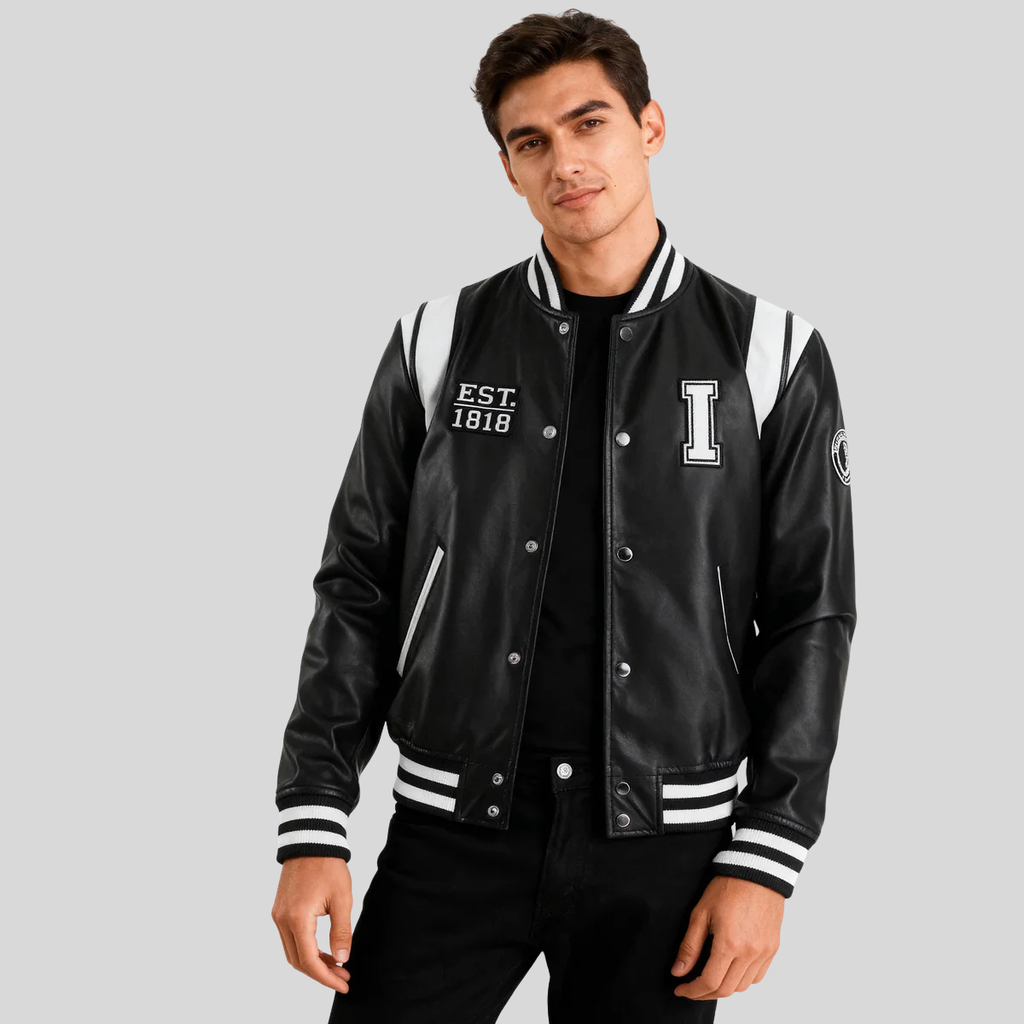 Liberte Illinois Black Leather Varsity Jacket for men