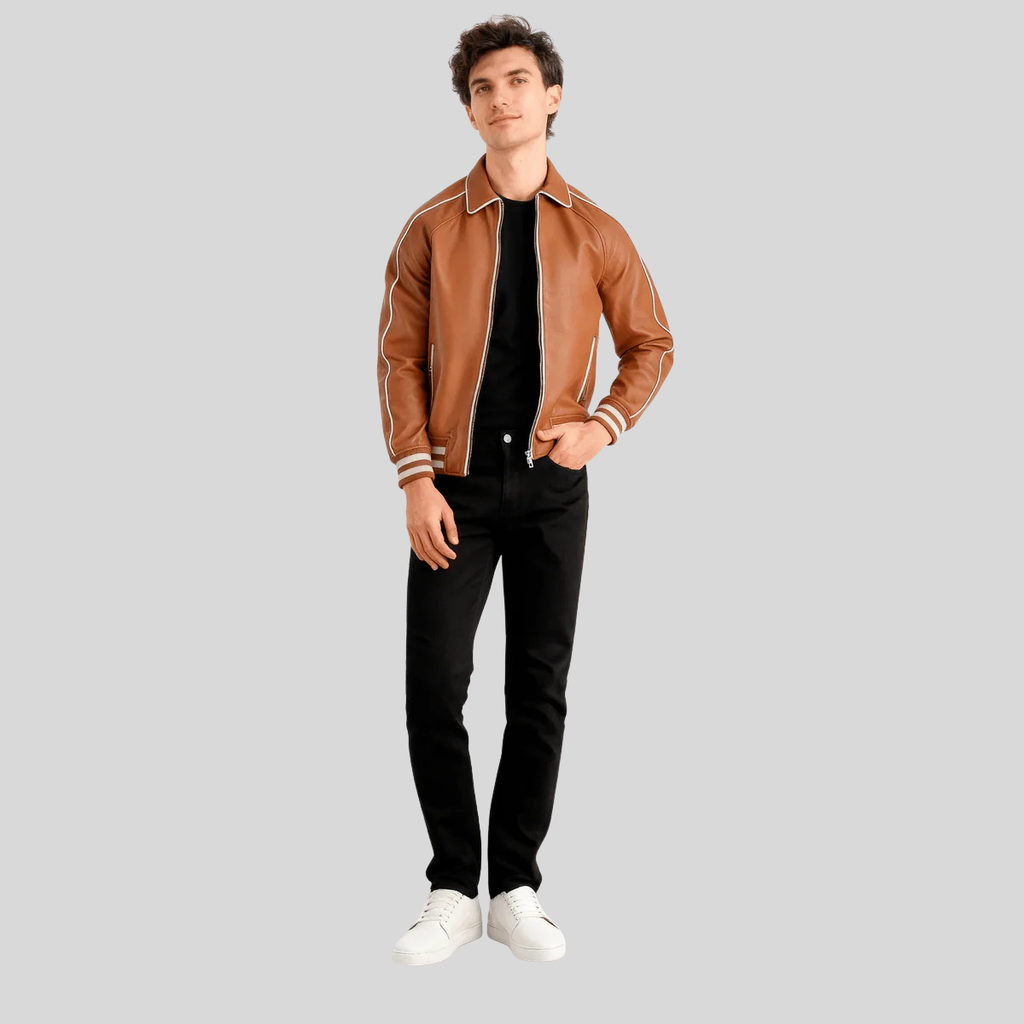 Cooper Heritage Tan Brown Leather Varsity Jacket for men
