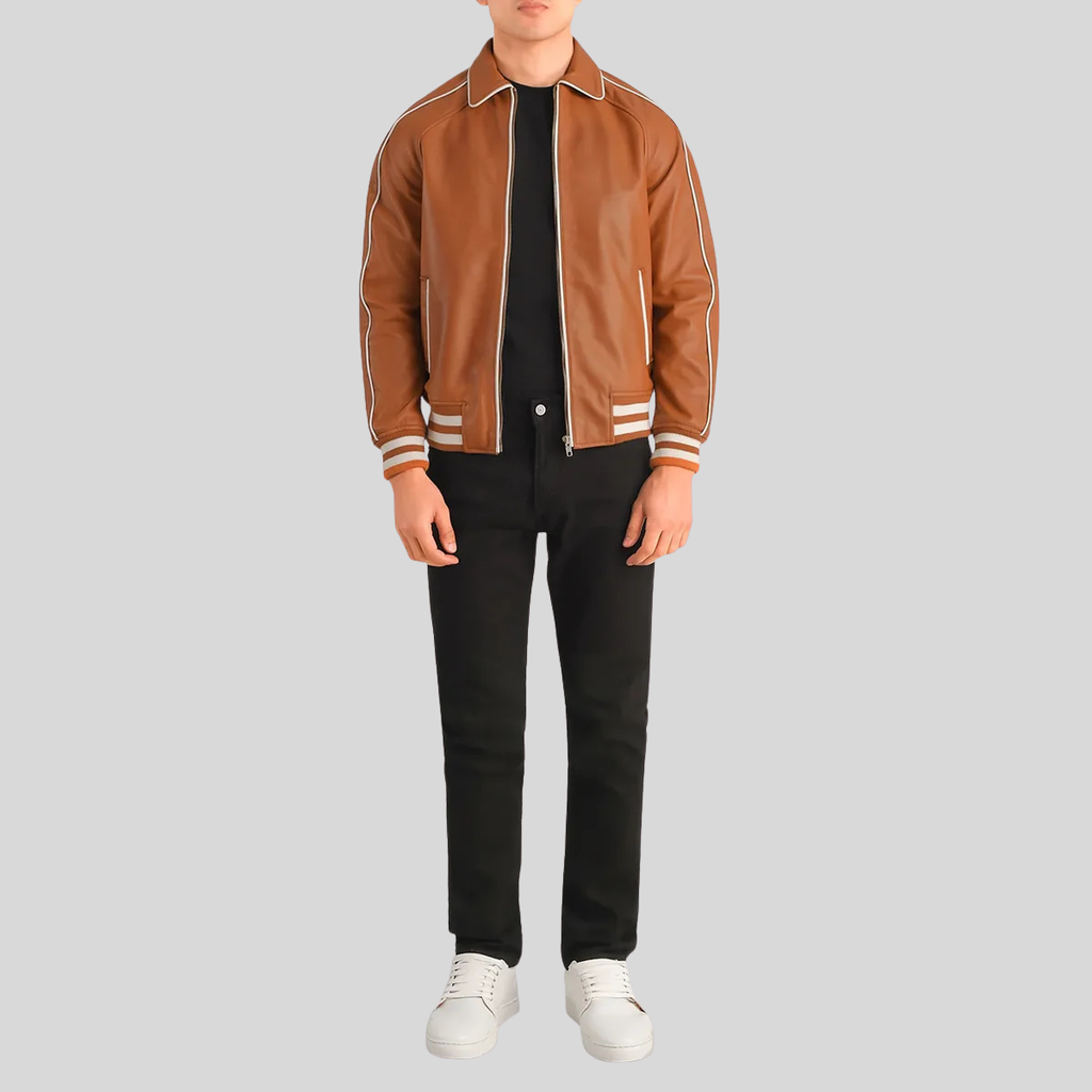Cooper Heritage Tan Brown Leather Varsity Jacket for men
