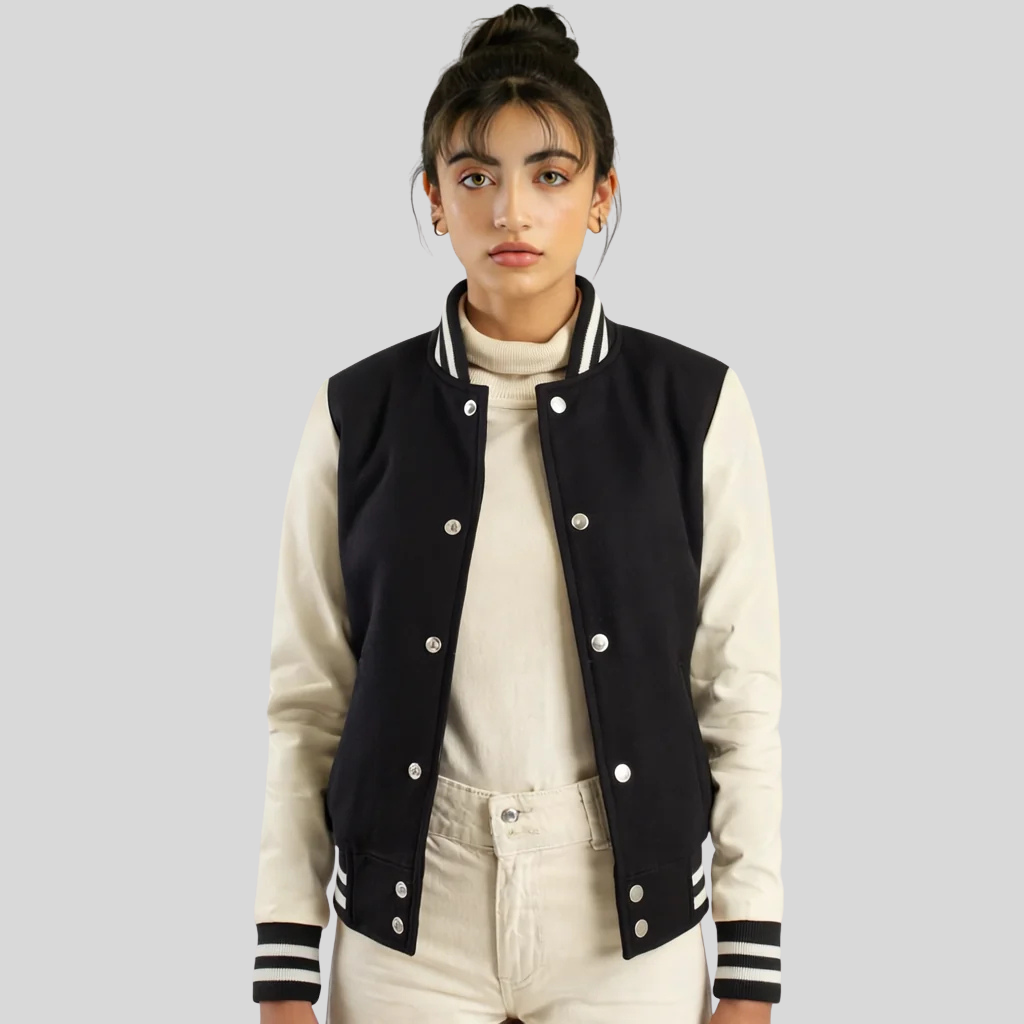 Timeless Women’s Black & White Hybrid Varsity Jacket