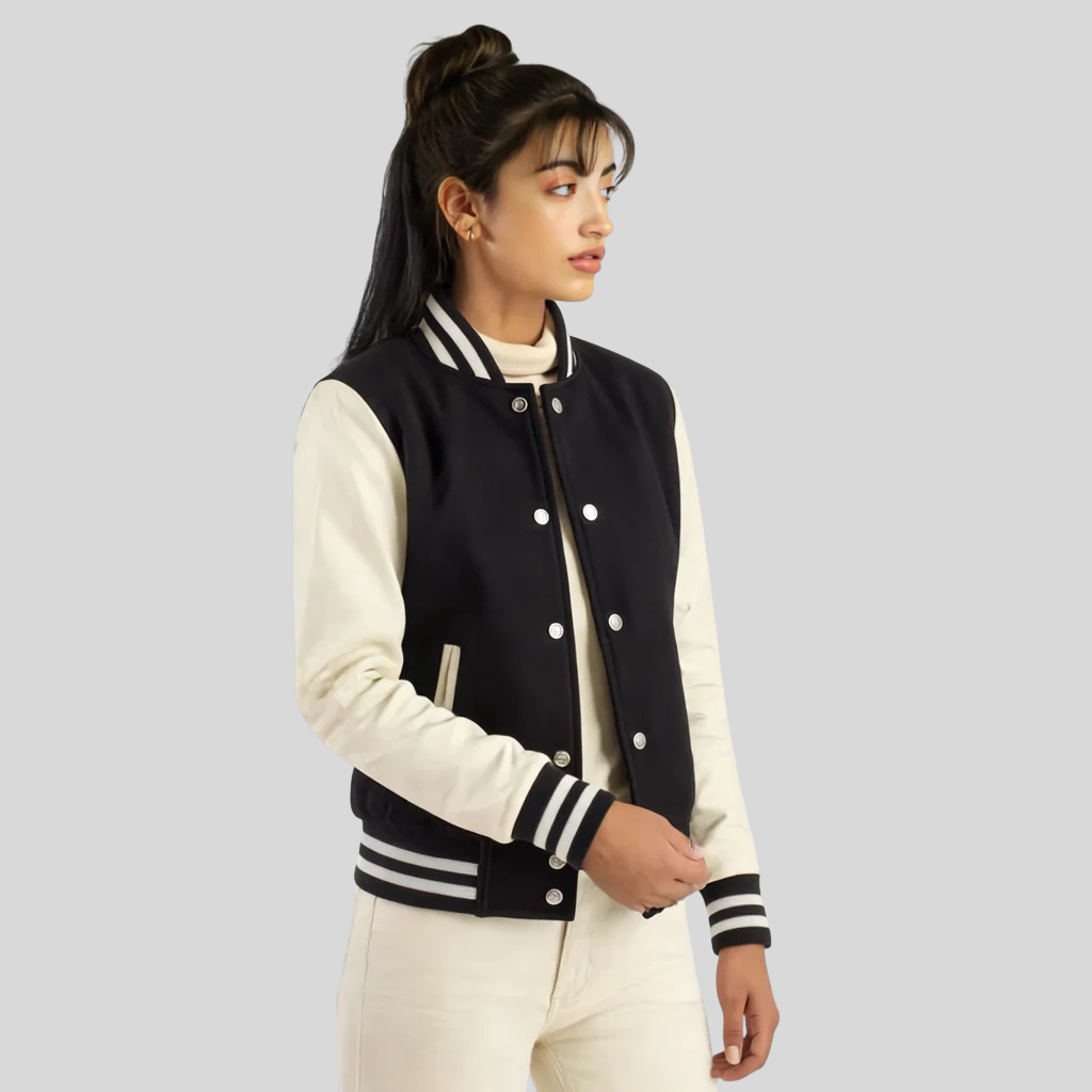 Timeless Women’s Black & White Hybrid Varsity Jacket