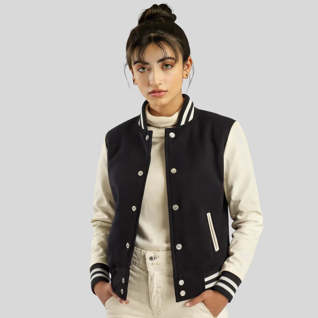 Timeless Women’s Black & White Hybrid Varsity Jacket